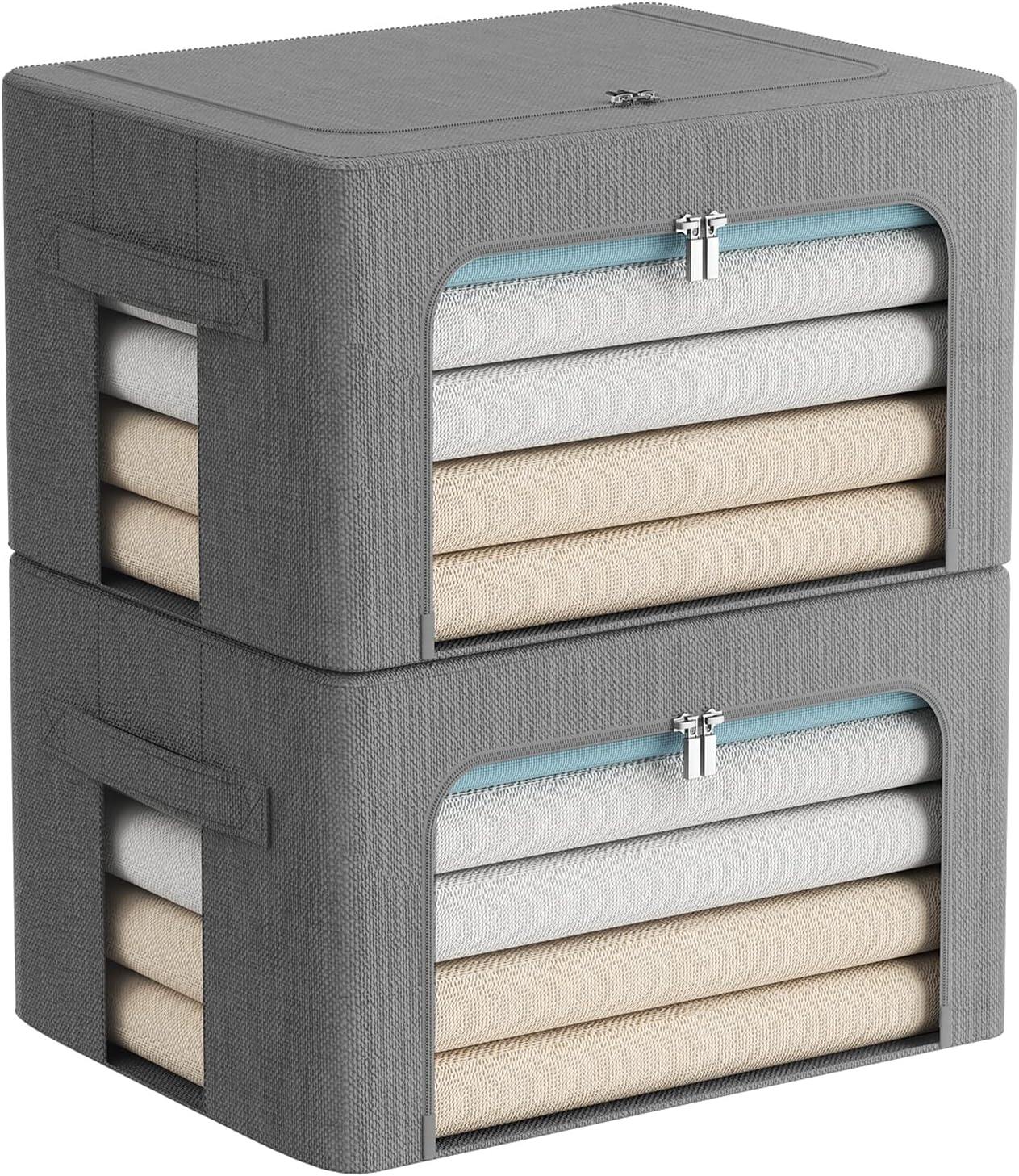 Clothes Storage Bins Stackable Metal Frame Storage Box Foldable Linen Fabric Box Organizer